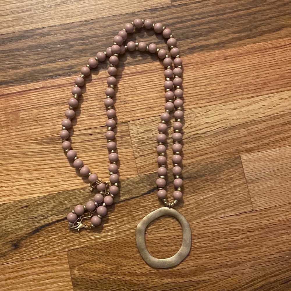 Blush Wooden Bead Necklace with Hammered Gold pendant